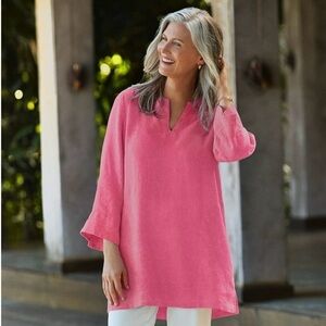 Lands' End Women's Pink Shirt %100 Liner Split Neck, 3/4 Sleeve,Tunic Size L